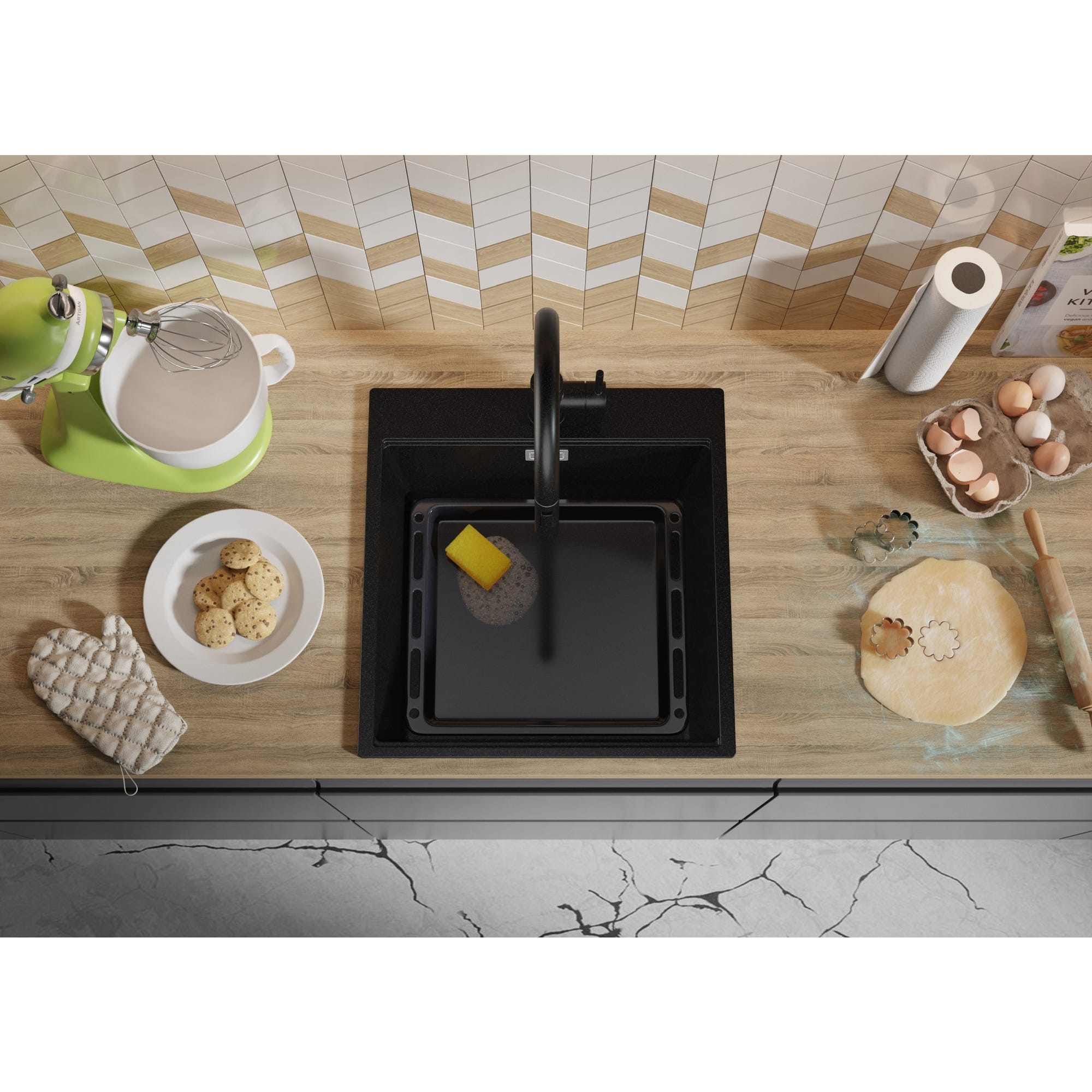 Evier Cuisine en Granit Noir, 48x50 cm, Lavabo 1 bac + Siphon Doré Classique, Évier à Encastrer de Primagran 7