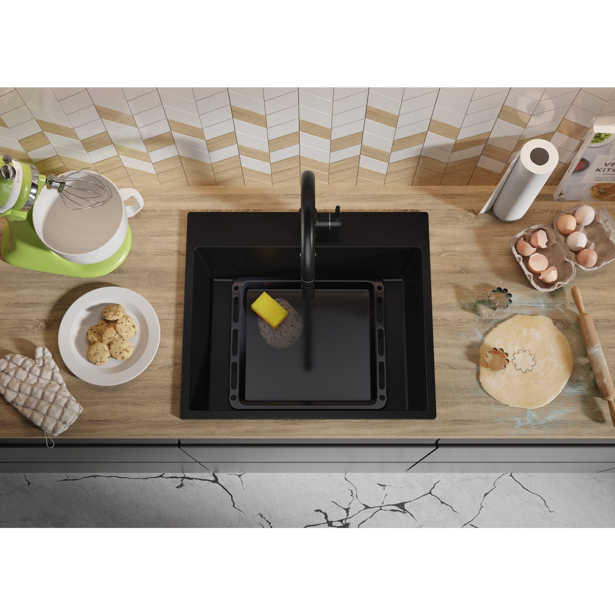 Évier Cusine en Granit Noir 58x50 cm, Lavabo Cuisine 1 Bac + Kit de Vidage, Évier au meuble 60cm, Évier à Encastrer de Primagran 7