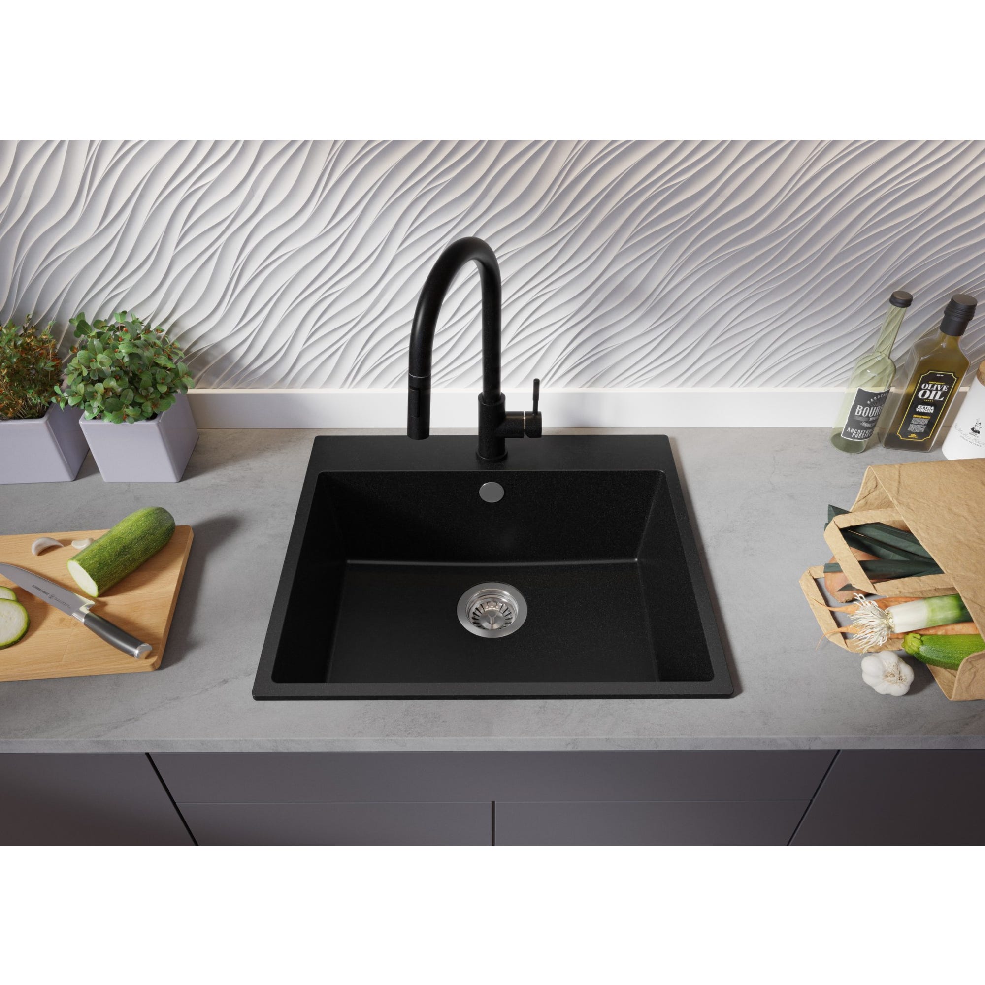 Évier Cusine en Granit Noir 58x50 cm, Lavabo Cuisine 1 Bac + Kit de Vidage, Évier au meuble 60cm, Évier à Encastrer de Primagran 2