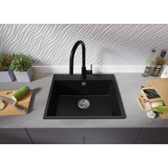 Évier Cusine en Granit Noir 58x50 cm, Lavabo Cuisine 1 Bac + Kit de Vidage, Évier au meuble 60cm, Évier à Encastrer de Primagran 2