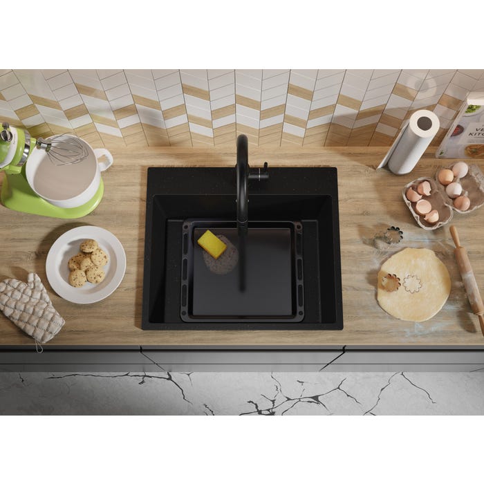 Évier Cusine en Granit Noir Metallic 58x50 cm, Lavabo Cuisine 1 Bac + Kit de Vidage, Évier au meuble 60cm, Évier à Encastrer de Primagran 7