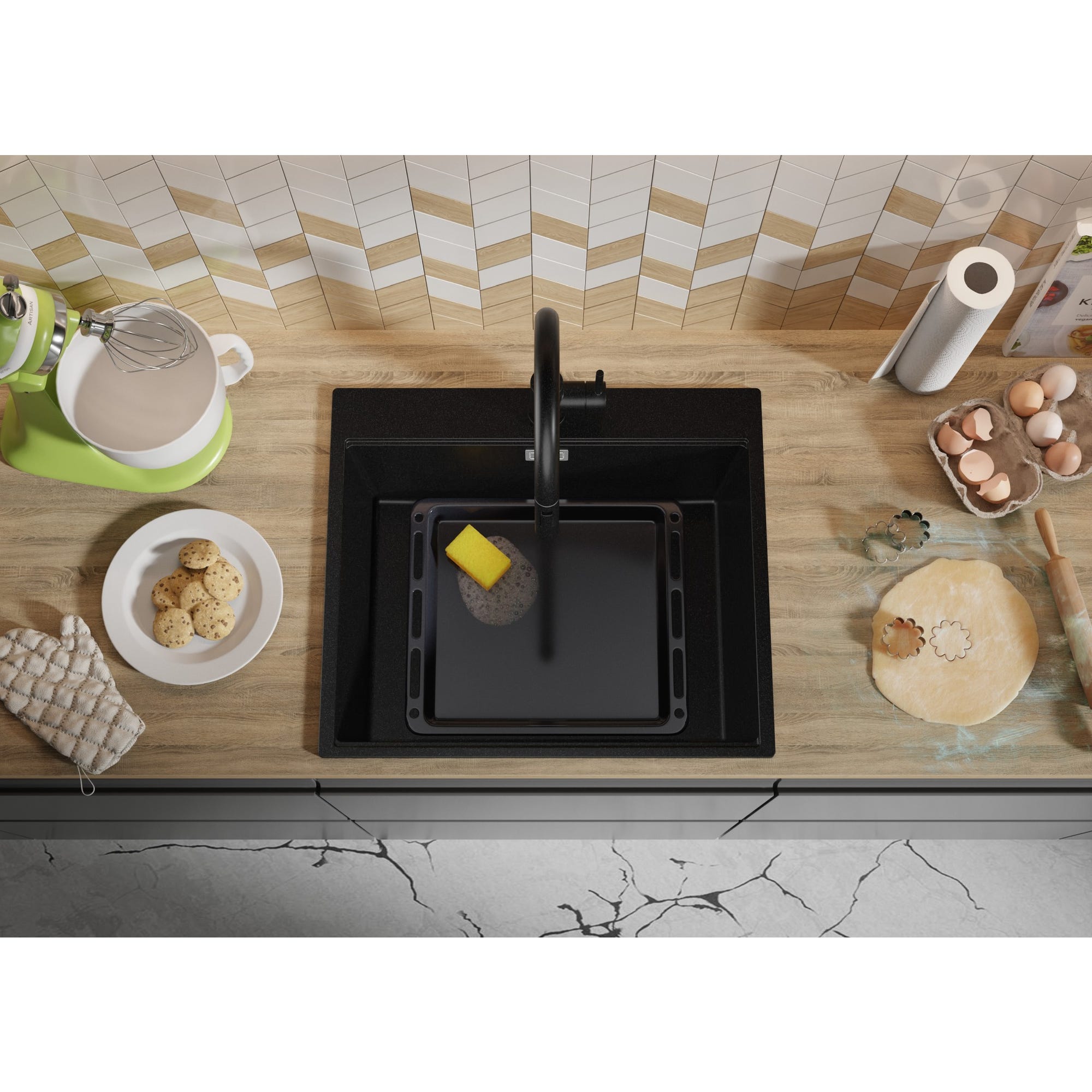 Evier Cuisine en Granit Noir, 58x50 cm, Lavabo 1 bac + Kit de Vidage Doré, Évier à Encastrer de Primagran 7