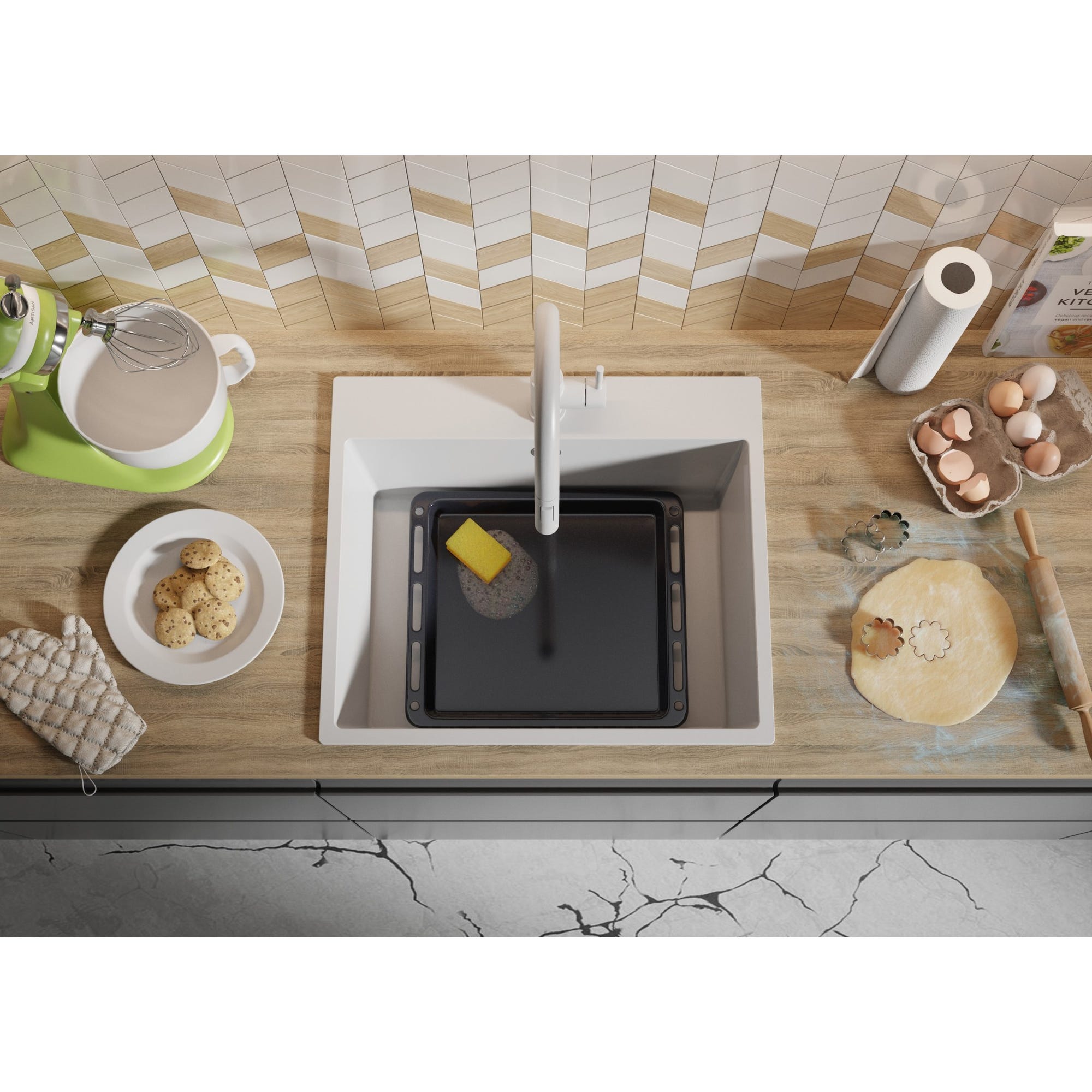 Évier Cusine en Granit Blanc 58x50 cm, Lavabo Cuisine 1 Bac + Kit de Vidage, Évier au meuble 60cm, Évier à Encastrer de Primagran 7