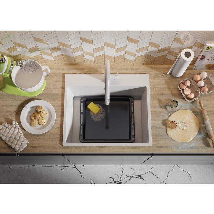 Évier Cusine en Granit Blanc 58x50 cm, Lavabo Cuisine 1 Bac + Kit de Vidage, Évier au meuble 60cm, Évier à Encastrer de Primagran 7