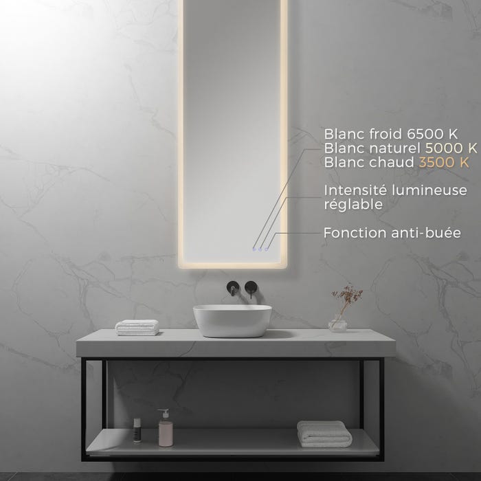 MELLOW Miroir lumineux salle de bain LED 3 couleurs + intensité réglable & fonction anti-buée 60 x 180 cm 1