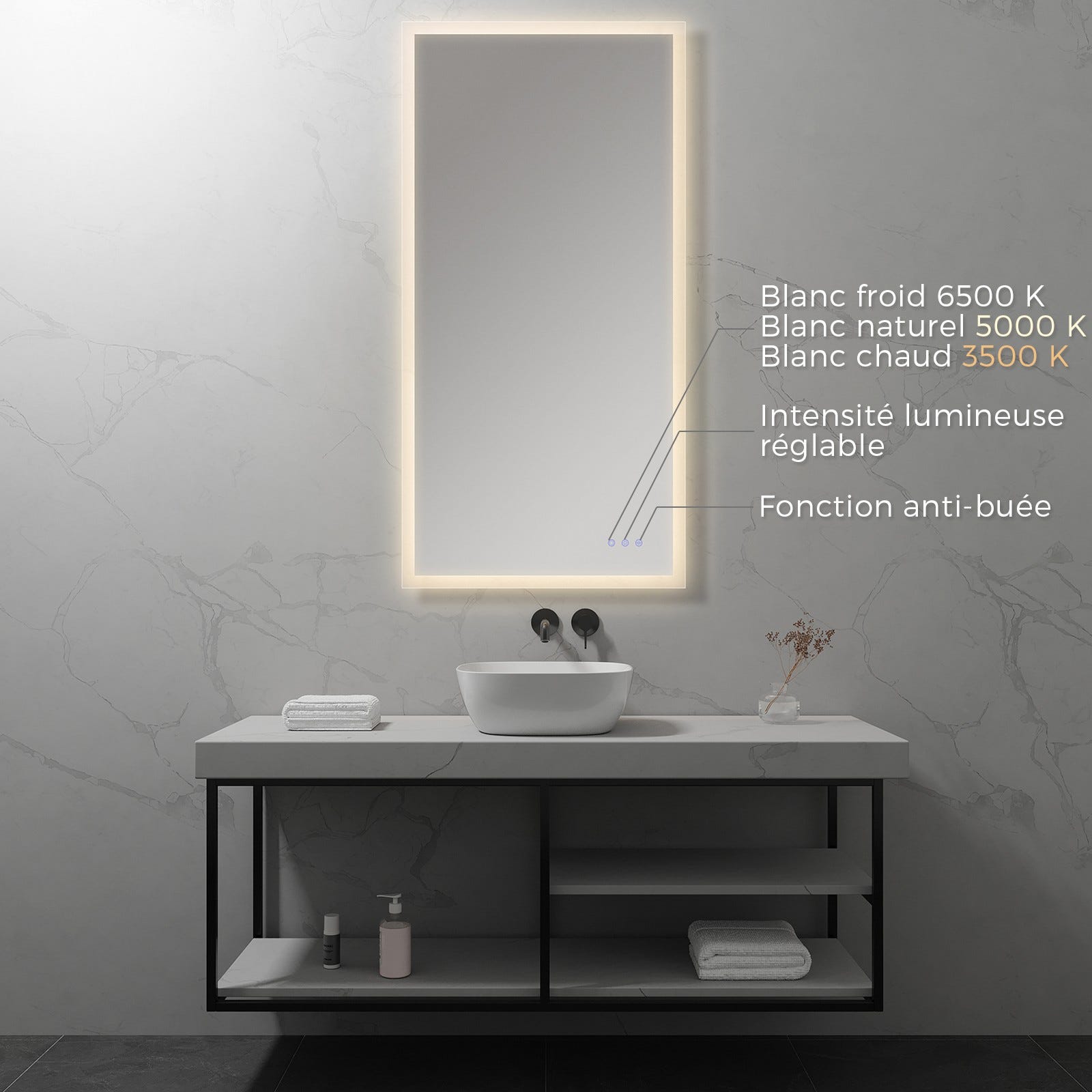 FRAME Miroir lumineux salle de bain LED 3 couleurs + intensité réglable & fonction anti-buée 70 x 140 cm 1