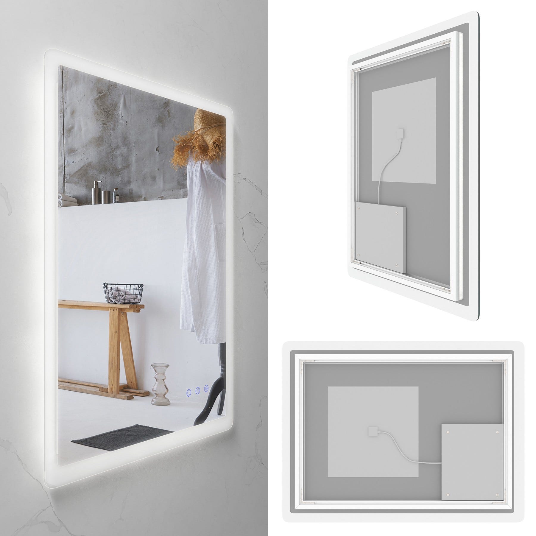 MELLOW Miroir lumineux salle de bain LED 3 couleurs + intensité réglable & fonction anti-buée 60 x 80 cm 3