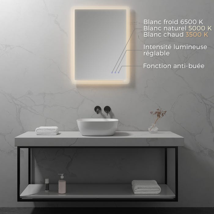 MELLOW Miroir lumineux salle de bain LED 3 couleurs + intensité réglable & fonction anti-buée 60 x 80 cm 1