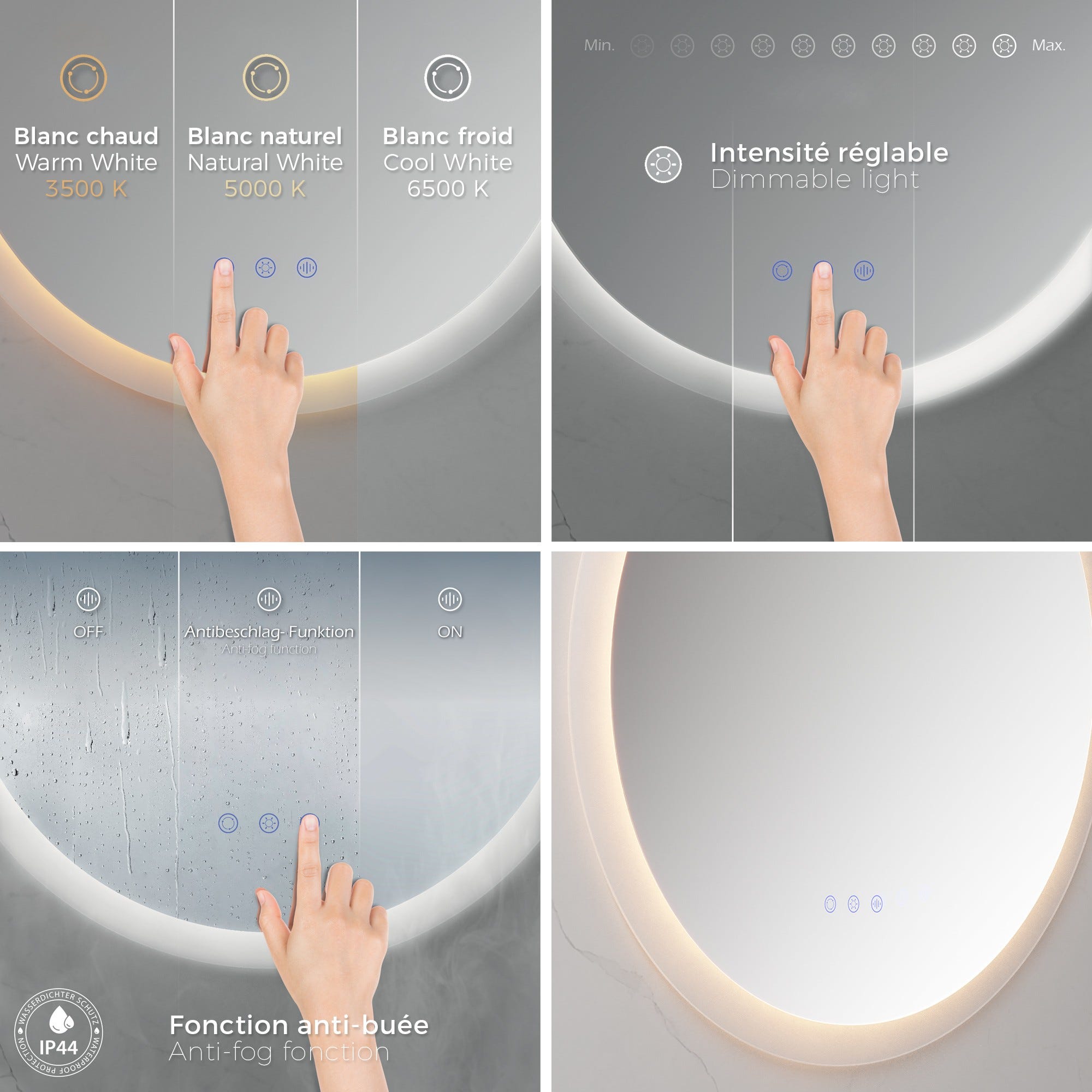 RADIUS Miroir lumineux rond salle de bain LED 3 couleurs + intensité réglable & fonction anti-buée Ø 60 cm 2
