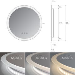 RADIUS Miroir lumineux rond salle de bain LED 3 couleurs + intensité réglable & fonction anti-buée Ø 60 cm 4