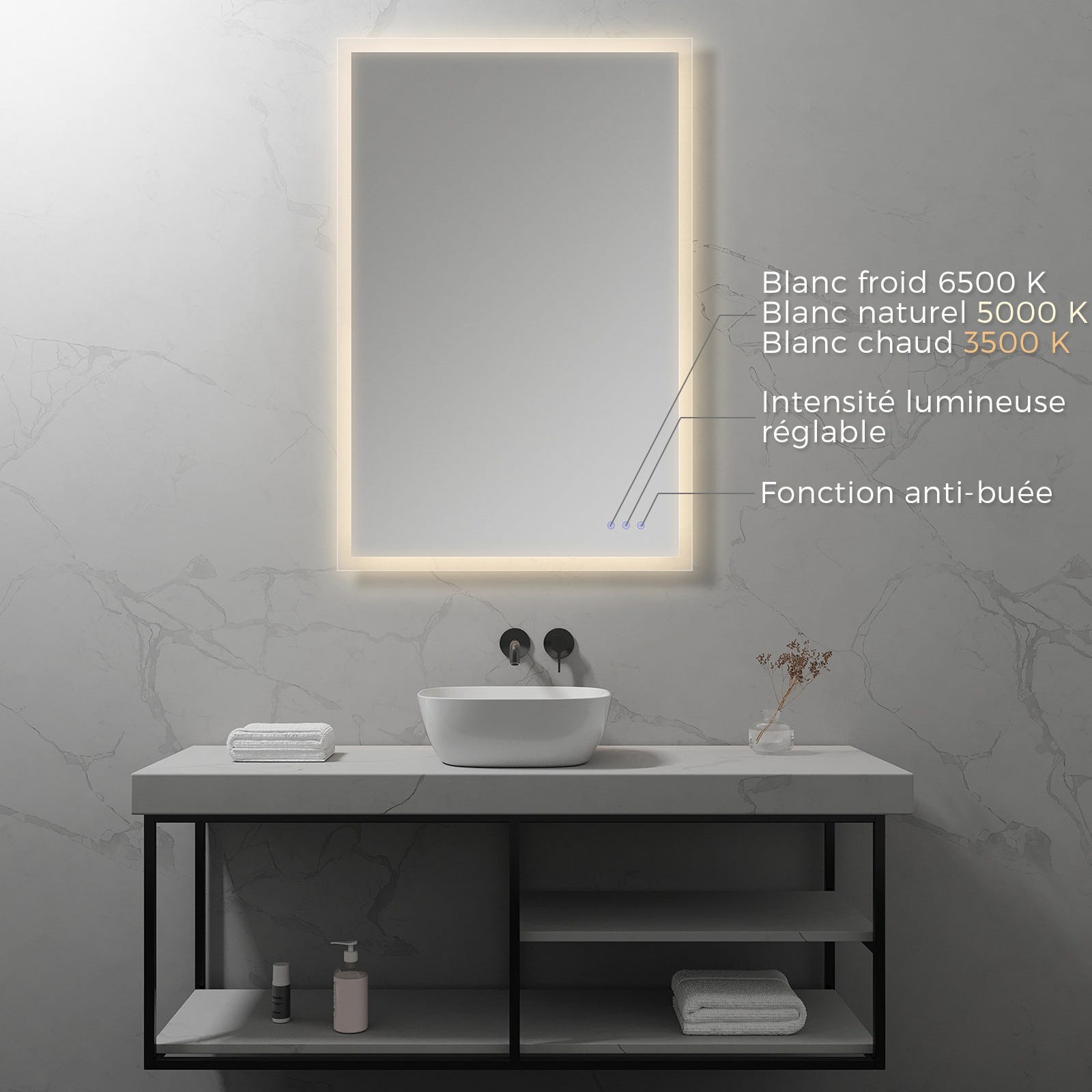 FRAME Miroir lumineux salle de bain LED 3 couleurs + intensité réglable & fonction anti-buée 80 x 120 cm 1