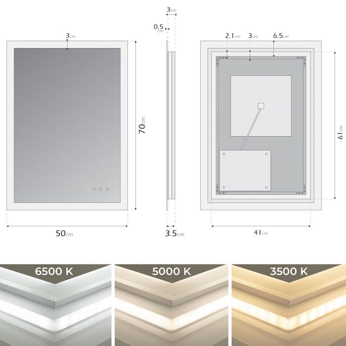 FRAME Miroir lumineux salle de bain LED 3 couleurs + intensité réglable & fonction anti-buée 50 x 70 cm 4