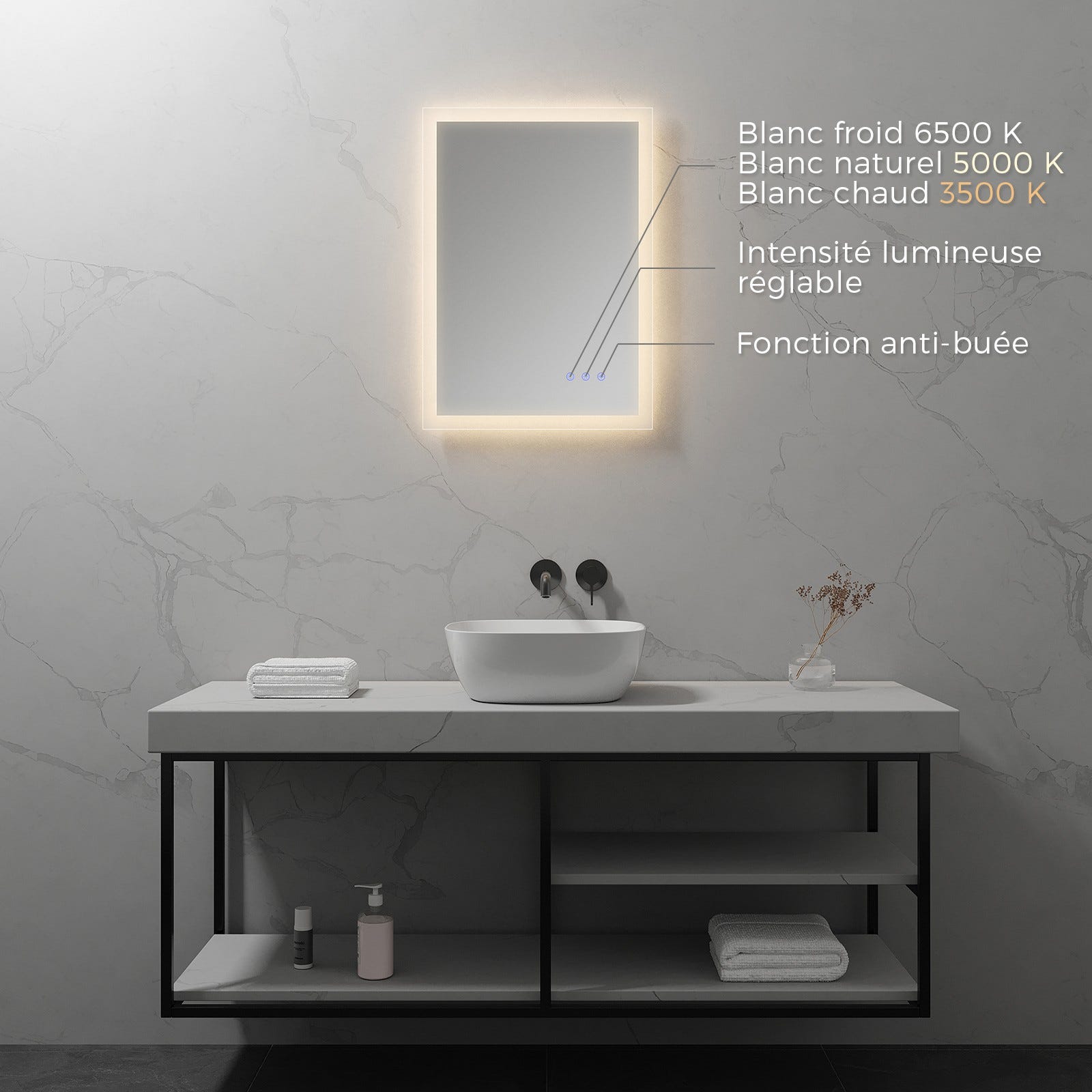 FRAME Miroir lumineux salle de bain LED 3 couleurs + intensité réglable & fonction anti-buée 50 x 70 cm 1