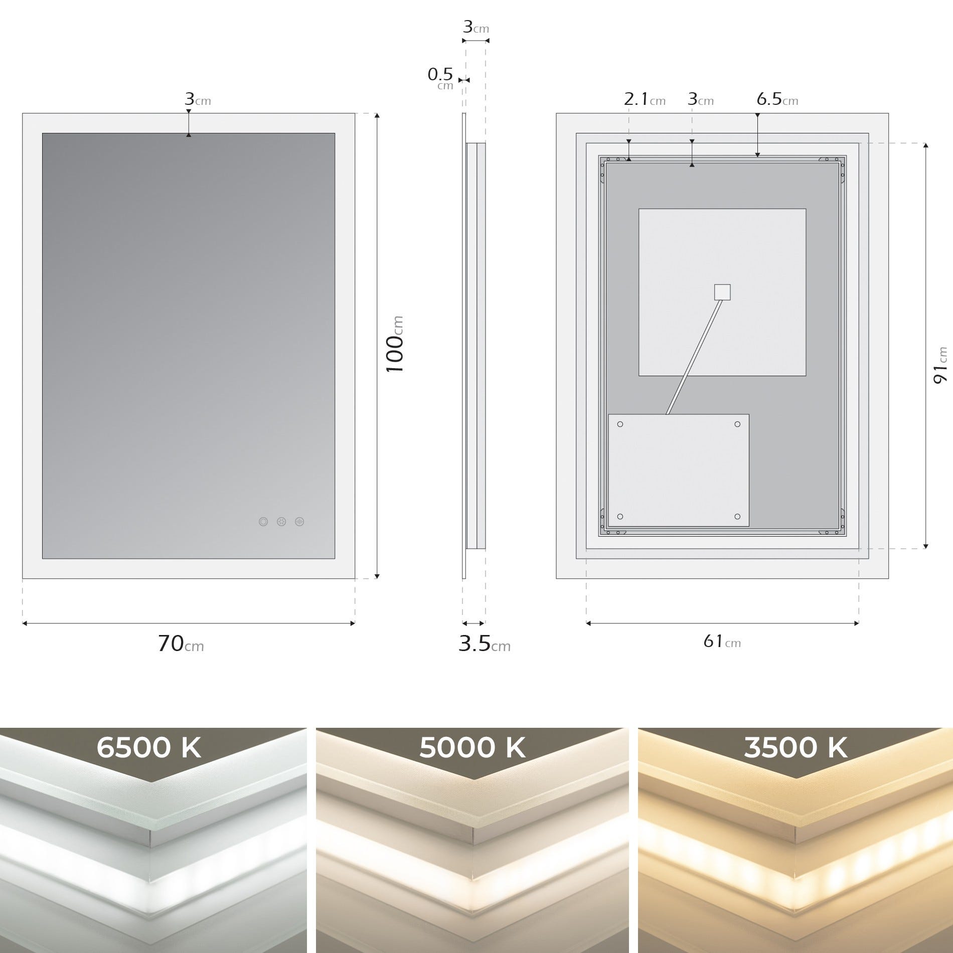 FRAME Miroir lumineux salle de bain LED 3 couleurs + intensité réglable & fonction anti-buée 70 x 100 cm 4