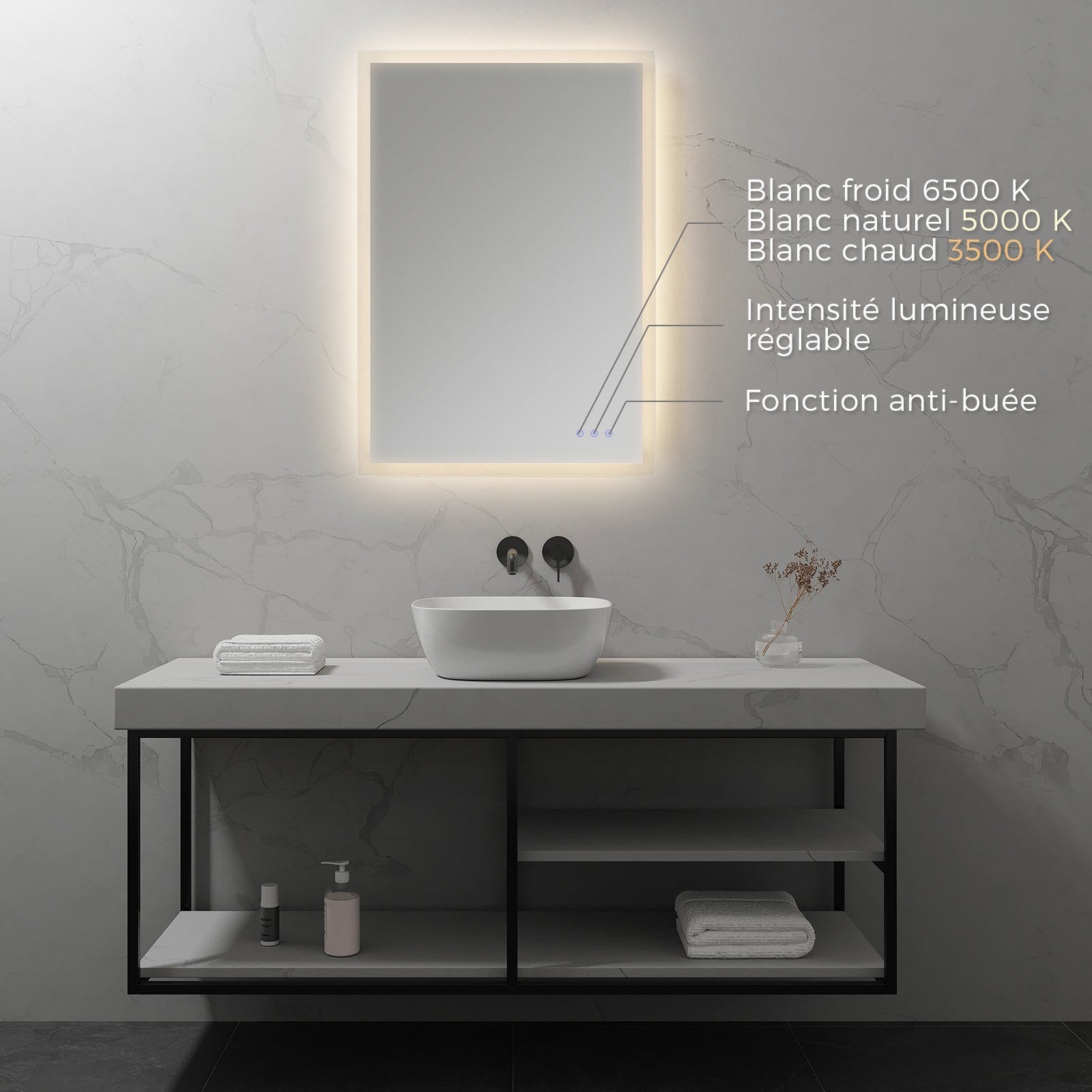 FRAME Miroir lumineux salle de bain LED 3 couleurs + intensité réglable & fonction anti-buée 70 x 100 cm 1