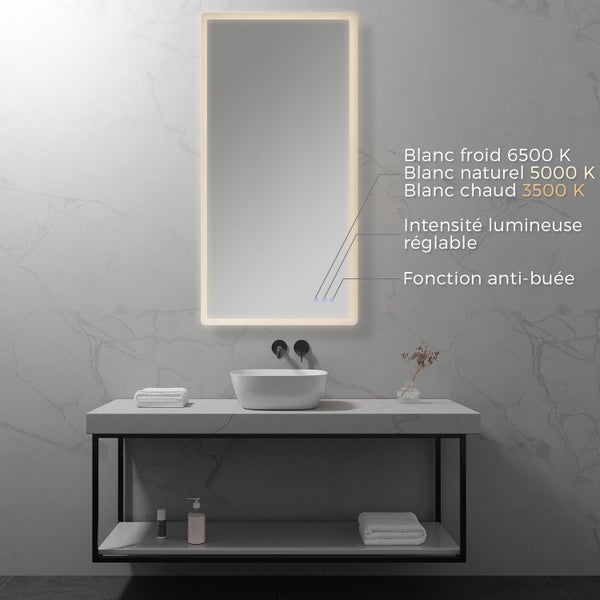 Miroir de salle de bains lumineux LED 70 x 120 cm, argenté