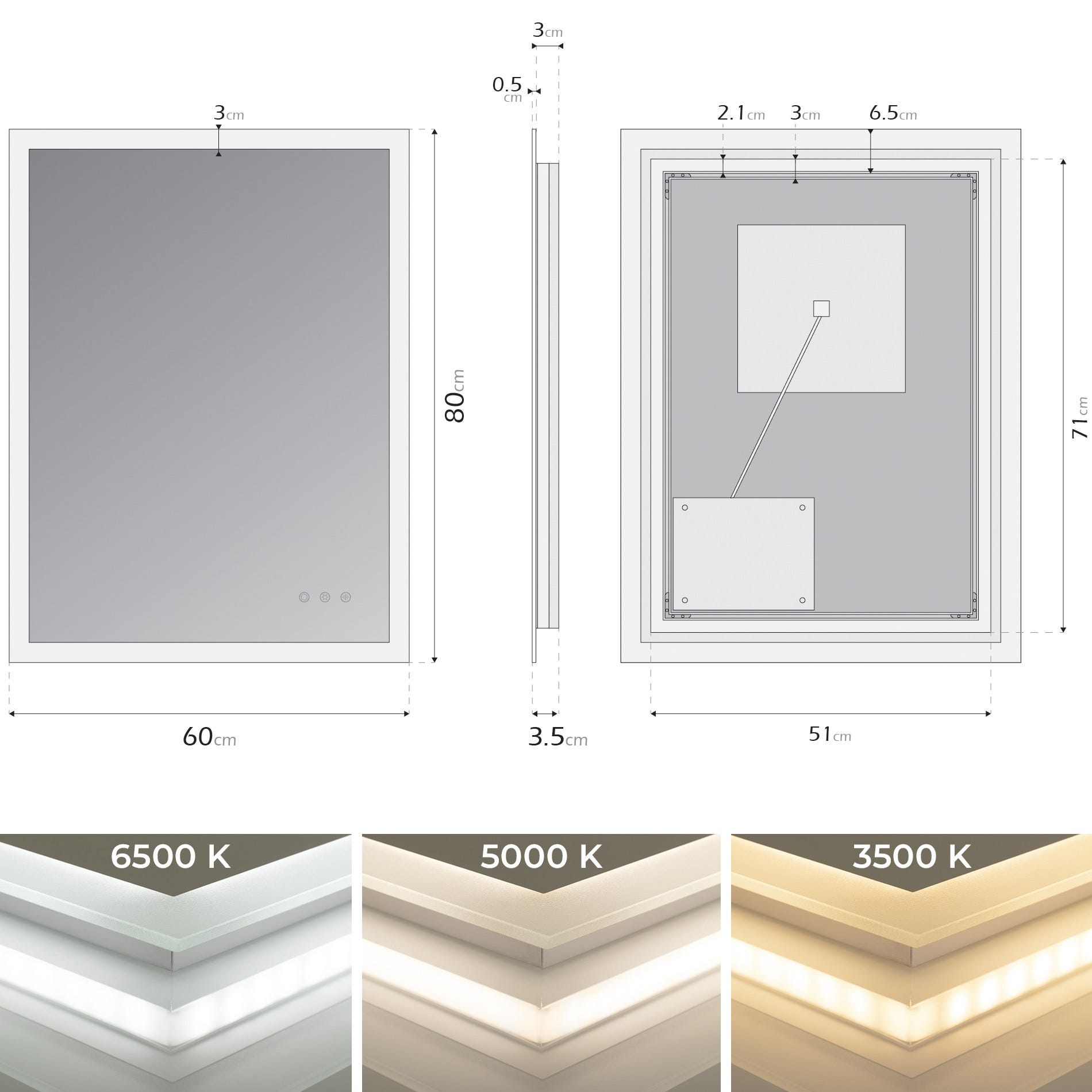 FRAME Miroir lumineux salle de bain LED 3 couleurs + intensité réglable & fonction anti-buée 60 x 80 cm 4