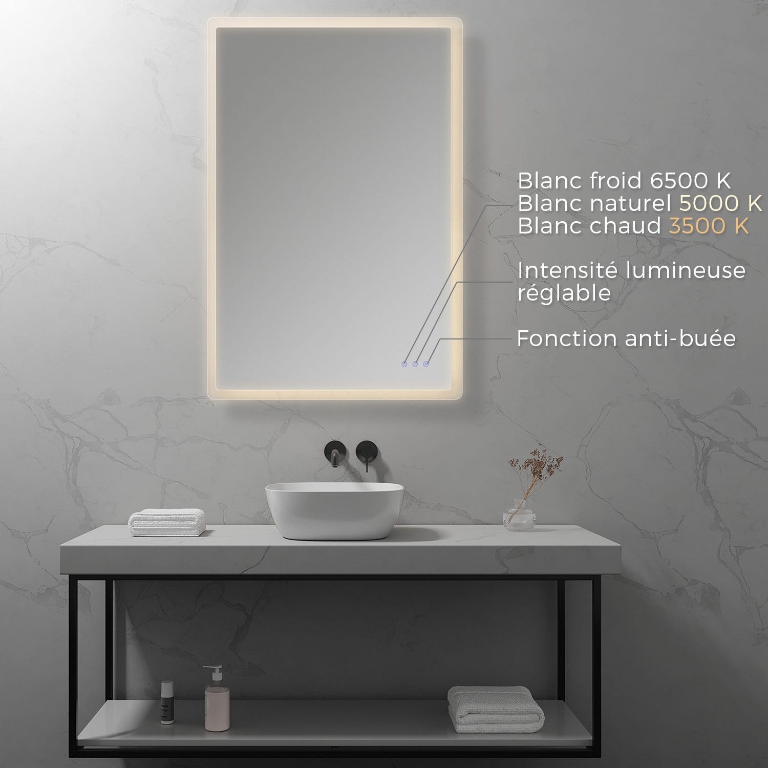 MELLOW Miroir lumineux salle de bain LED 3 couleurs + intensité réglable & fonction anti-buée 80 x 120 cm 1