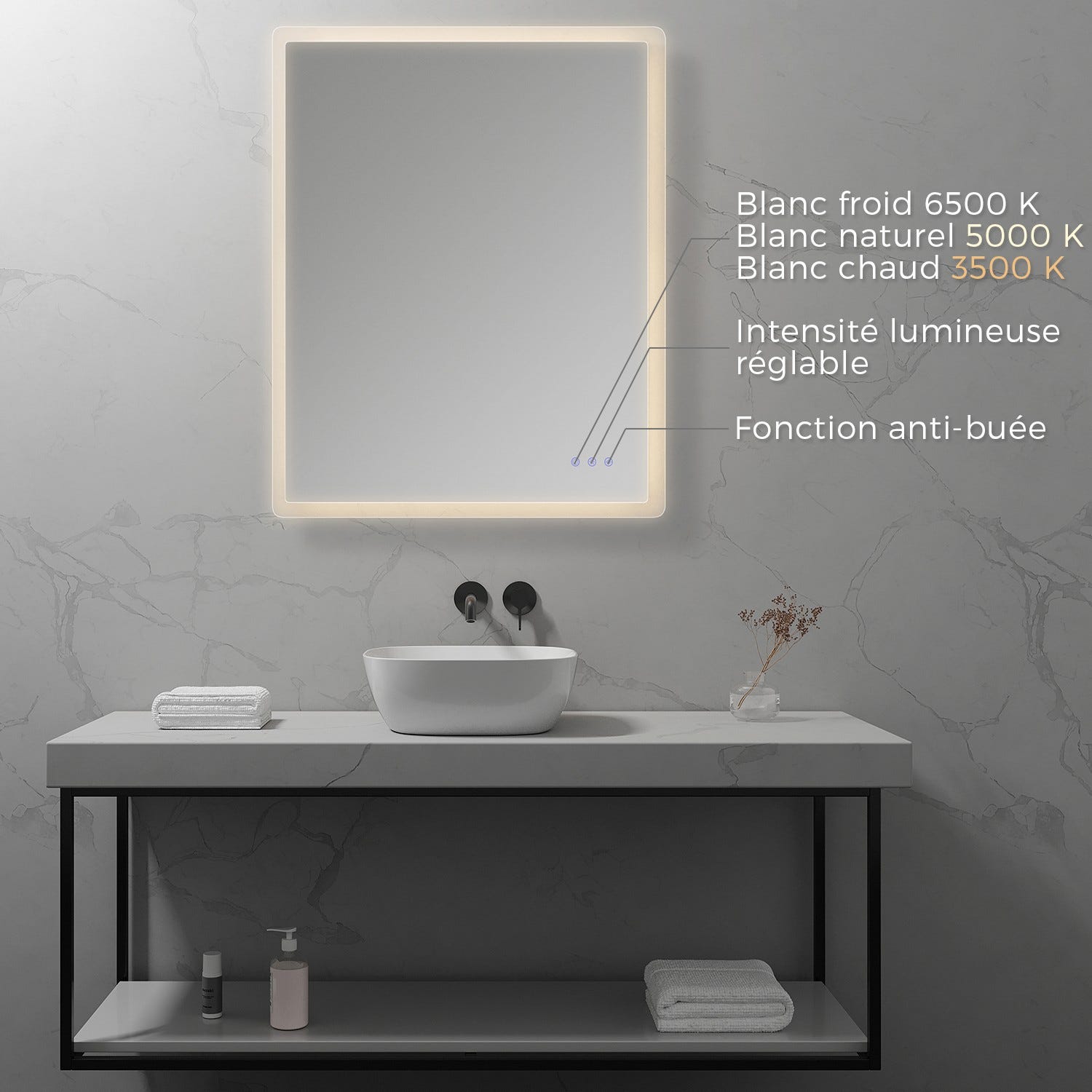 MELLOW Miroir lumineux salle de bain LED 3 couleurs + intensité réglable & fonction anti-buée 80 x 100 cm 1