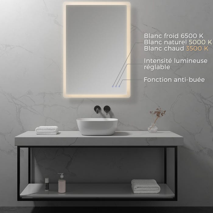 MELLOW Miroir lumineux salle de bain LED 3 couleurs + intensité réglable & fonction anti-buée 70 x 100 cm 1