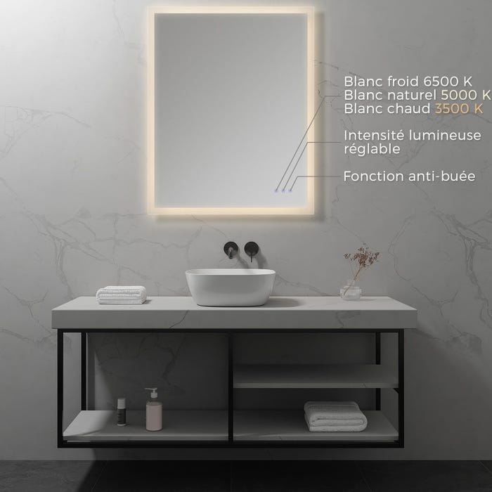FRAME Miroir lumineux salle de bain LED 3 couleurs + intensité réglable & fonction anti-buée 80 x 100 cm 1