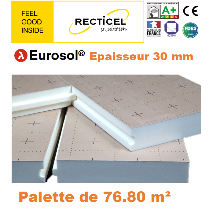 Dalle isolante polyurethane Eurosol - 30 mm - R 1.35 - Palette 76.8 m² 0