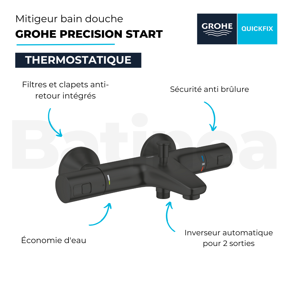 Mitigeur bain douche thermostatique GROHE Precision Start noir + microfibre 1