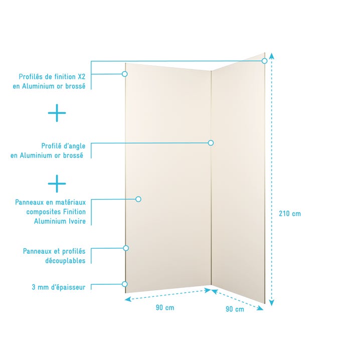Pack 2 Panneaux Muraux en Aluminium Ivoire 90x210 cm + Profilés Finition et Angle Or Doré Brossé 3