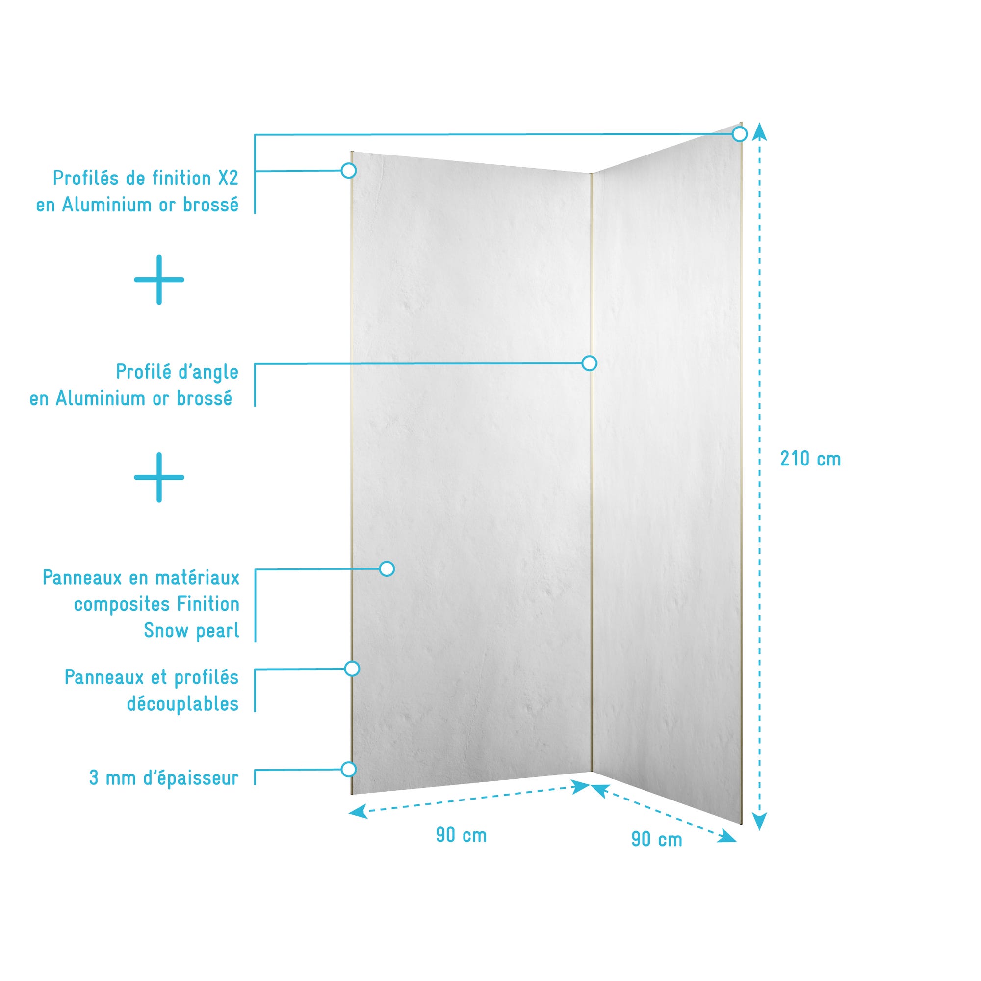 Pack 2 Panneaux Muraux en Pierre Snow Pearl 90x210 cm + Profilés Finition et Angle Or Doré Brossé 3