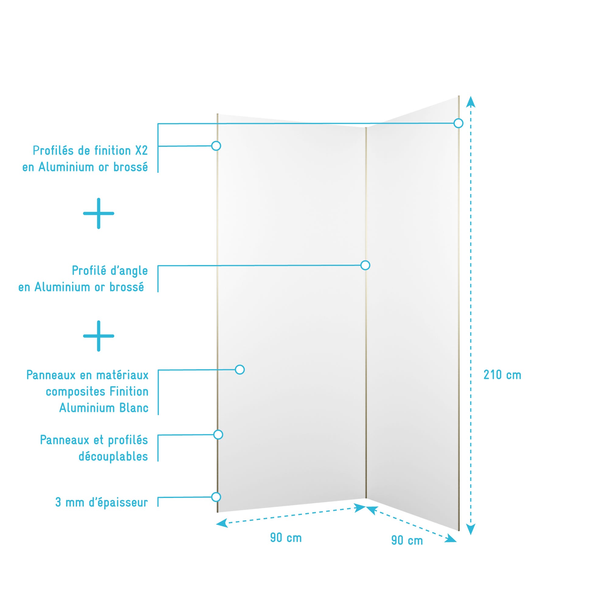 Pack 2 Panneaux Muraux en Aluminium Blanc 90x210 cm + Profilés Finition et Angle Or Doré Brossé 3