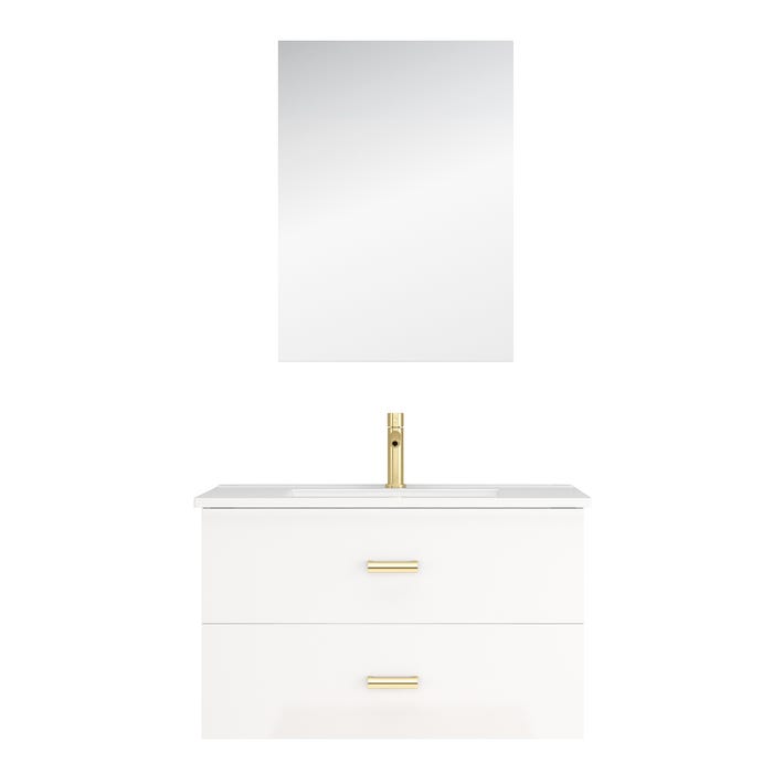 Meuble Salle de Bains 80 cm Laqué Blanc et Or Doré à Tiroirs avec Vasque Céramique et Miroir 2