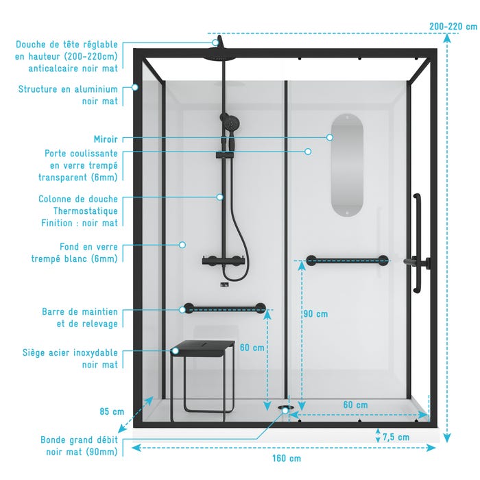 Cabine de douche Sécurisée et Accessible à Tous 160x85x220cm - Mitigeur Thermostatique 3