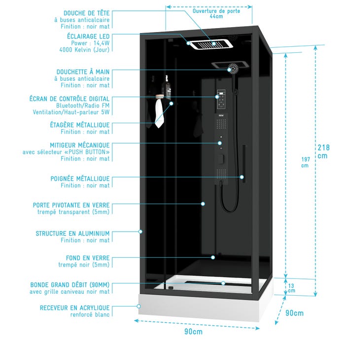 Cabine de douche Carrée Hydro 90x90x218 cm - Porte Pivotante - Fond & Profilés Noir Mat 3
