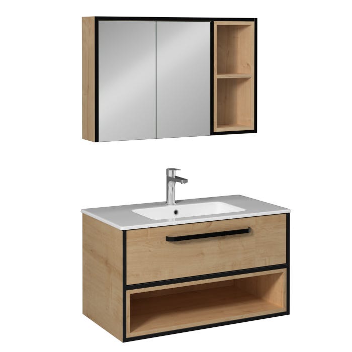 CAVALLI Meuble salle de bain 90 cm coloris Chêne avec vasque encastrée + miroir armoire 0