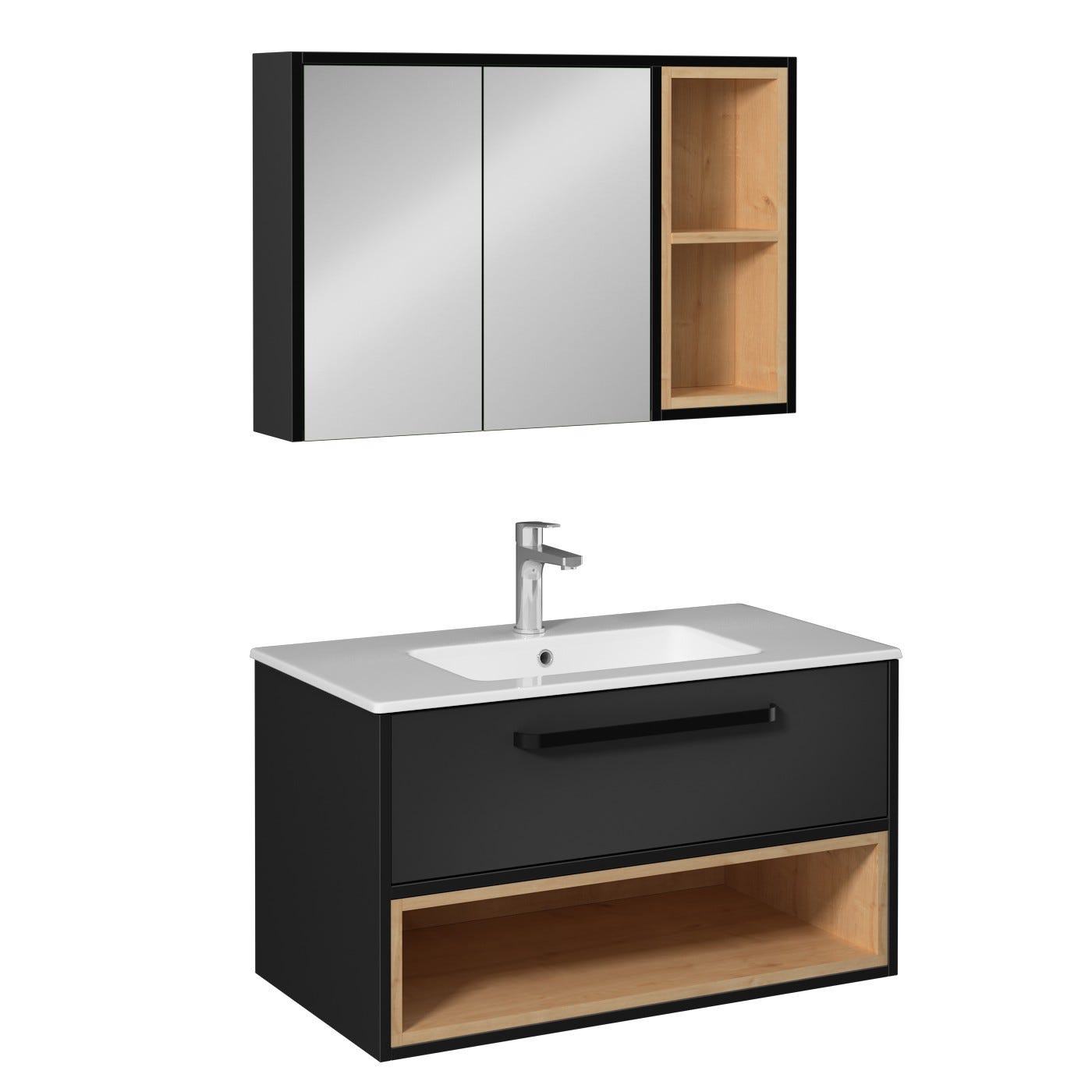 CAVALLI Meuble salle de bain 90 cm Anthracite avec vasque encastrée + miroir armoire 0