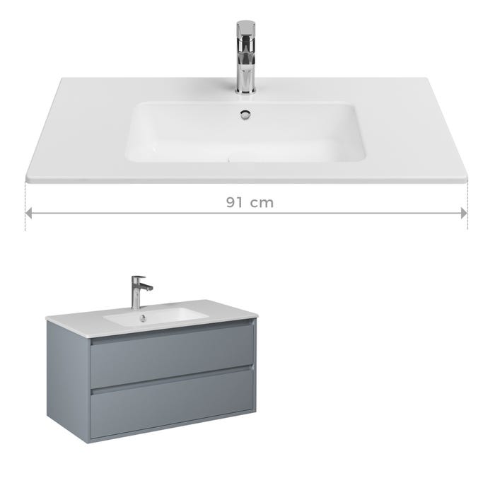 PRO Meuble salle de bain avec simple vasque 2 tiroirs Gris clair laqué largeur 90 cm 1