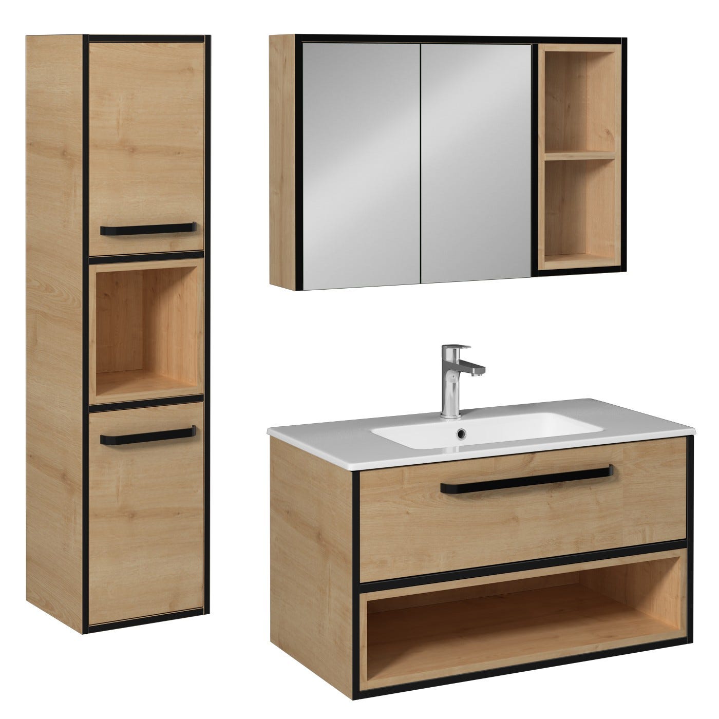 CAVALLI Meuble salle de bain 90 cm coloris Chêne avec vasque encastrée + miroir armoire + colonne (À GAUCHE) 0
