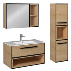 CAVALLI Meuble salle de bain 90 cm coloris Chêne avec vasque encastrée + miroir armoire + colonne (À DROITE) 0