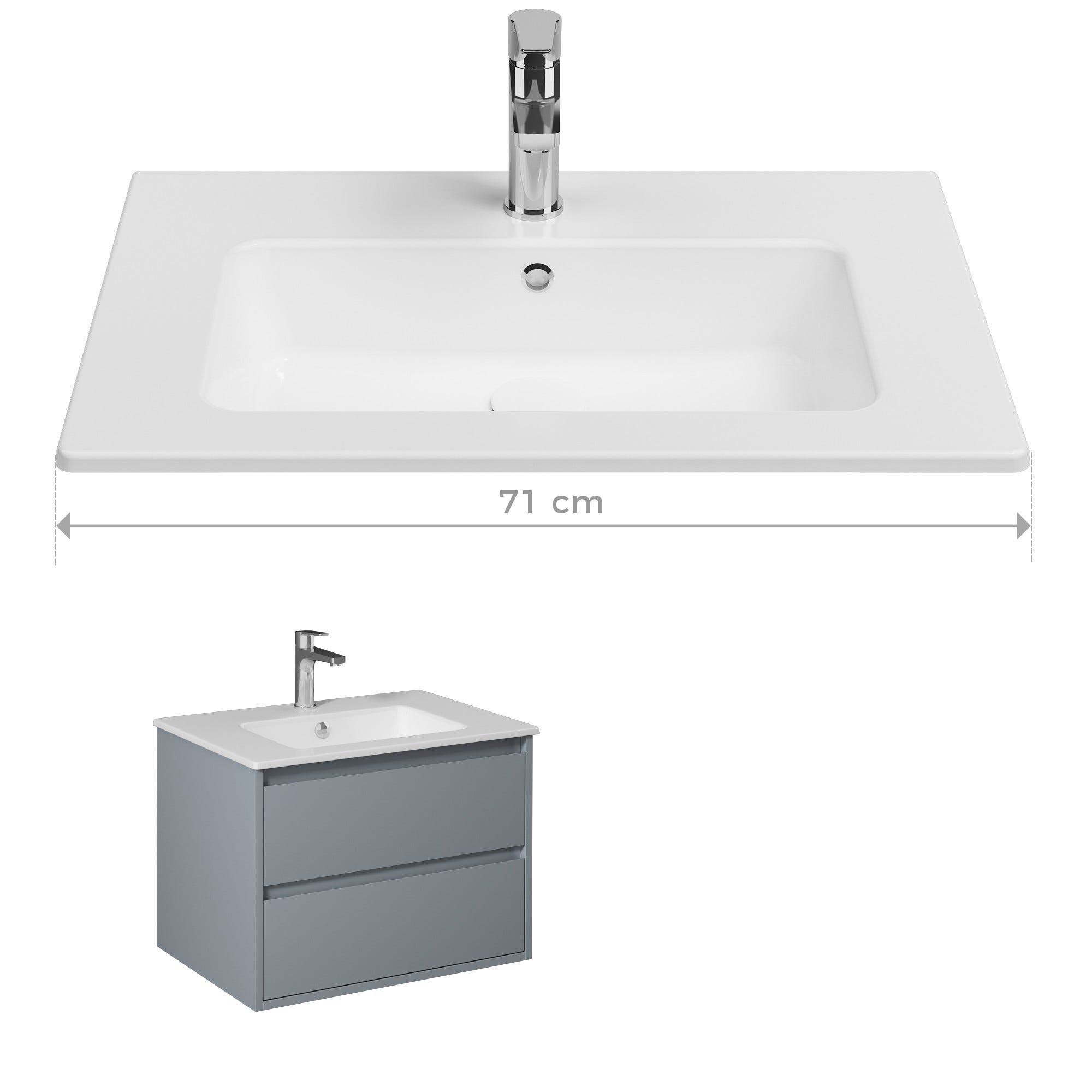 PRO Meuble salle de bain avec simple vasque 2 tiroirs Gris clair laqué largeur 70 cm 1