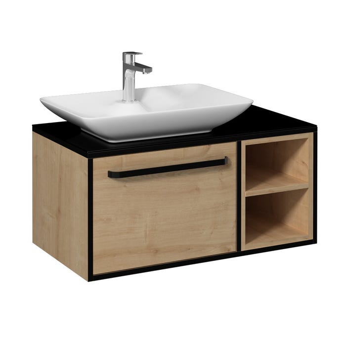 CAVALLI-VP Meuble salle de bain 90 cm coloris Chêne et vasque à poser + miroir armoire 1