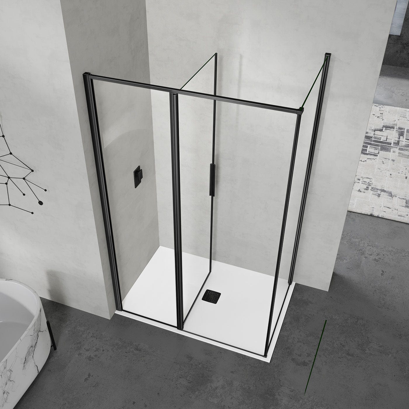 GRAND VERRE Cabine de douche 100x90 en verre avec profilés en alu noir mat à ouverture pivotante avec partie fixe 1