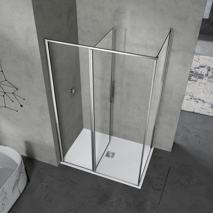 GRAND VERRE Cabine de douche 90x90 en verre avec profilés en alu chromé à ouverture pivotante avec partie fixe 2