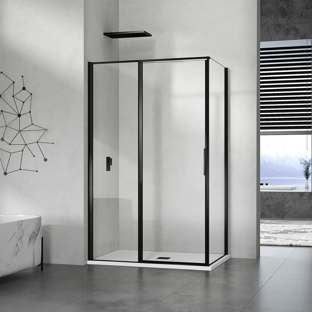 GRAND VERRE Cabine de douche 90x100 en verre avec profilés en alu noir mat à ouverture pivotante avec partie fixe 0