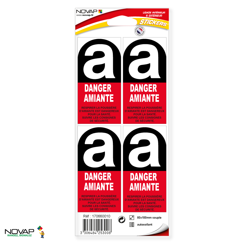 Planche de 4 stickers 50x100 mm - Spécial Amiante - 4253008 0