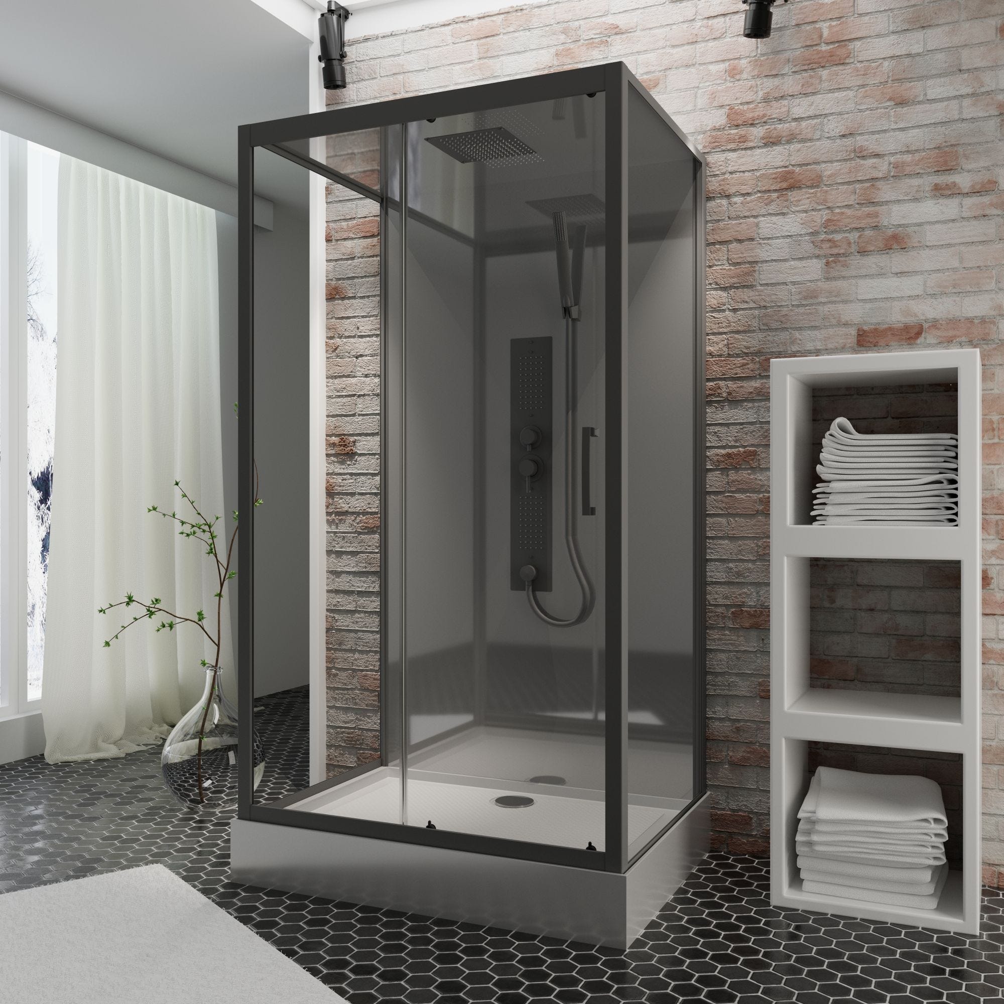 Schulte cabine de douche intégrale 85 x 115 x 215 cm, cabine de douche complète hydromassante, porte coulissante, jets de massage, noir, Bali 0