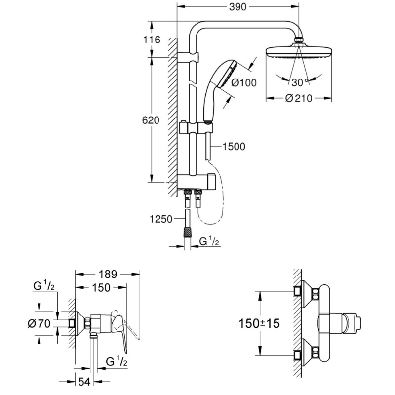 Grohe Set Vitalio Start System 210 Colonne de douche avec inverseur manuel + Mitigeur