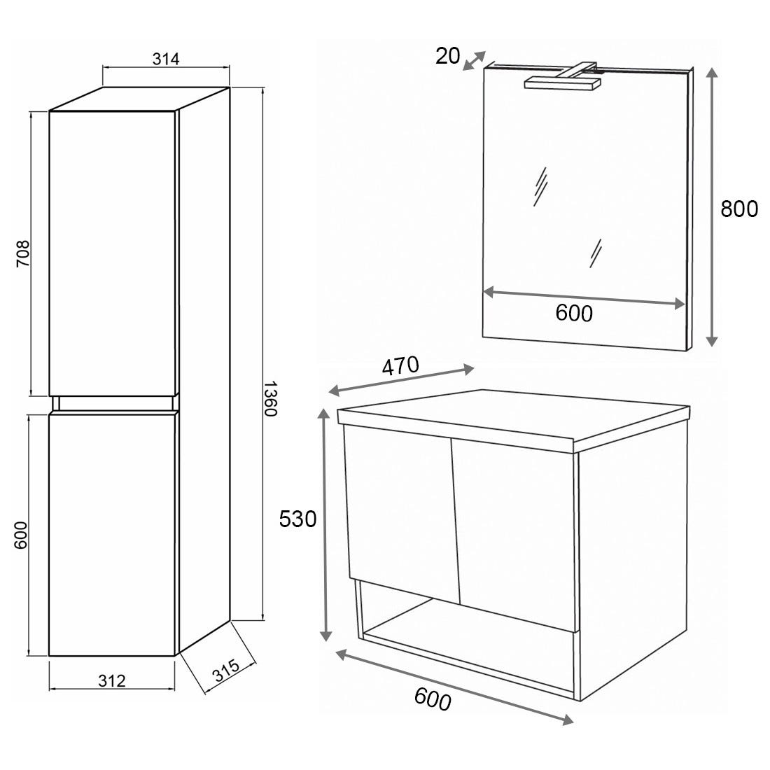OSLO Meuble 2 portes pour vasque à poser Chêne fumé & plan gris béton L. 60 cm + miroir + colonne 5