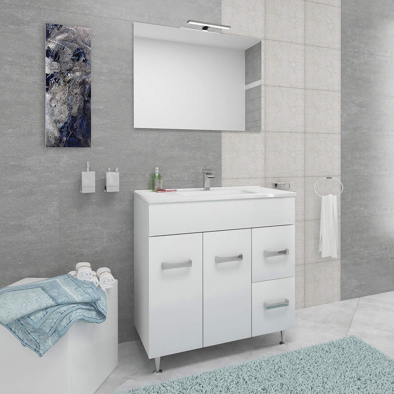 MADRID Meuble salle de bain sur pieds simple vasque Blanc largeur 80 cm + miroir 1