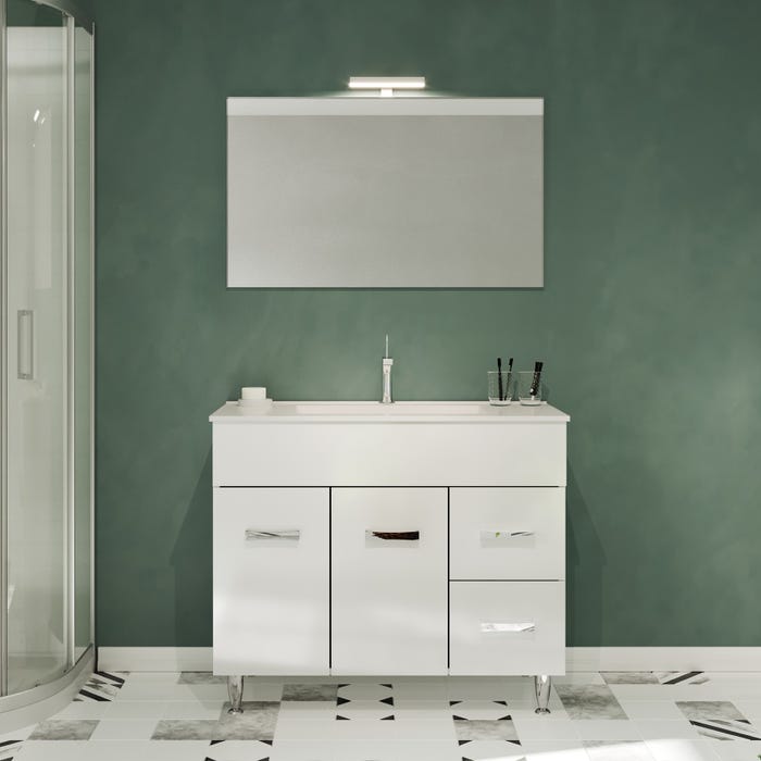 MADRID Meuble salle de bain sur pieds simple vasque Blanc largeur 80 cm + miroir 2