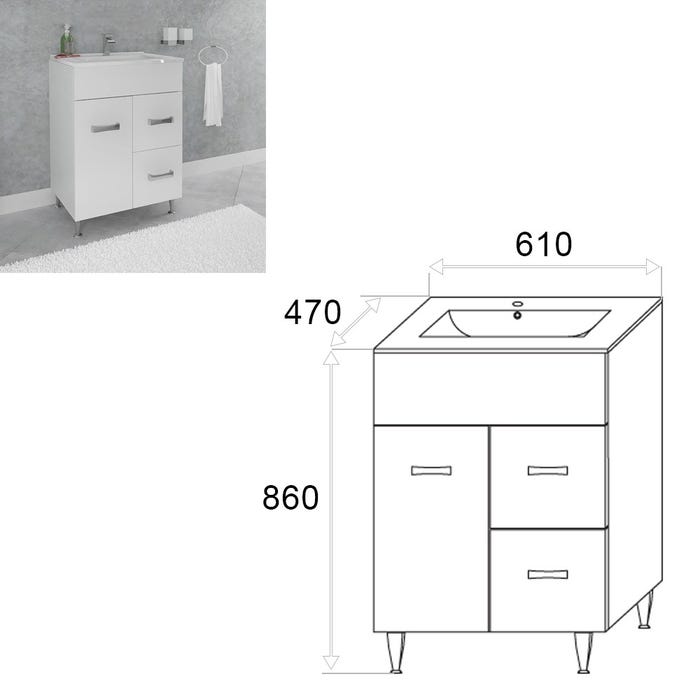 MADRID Meuble salle de bain sur pieds simple vasque Blanc largeur 60 cm 5